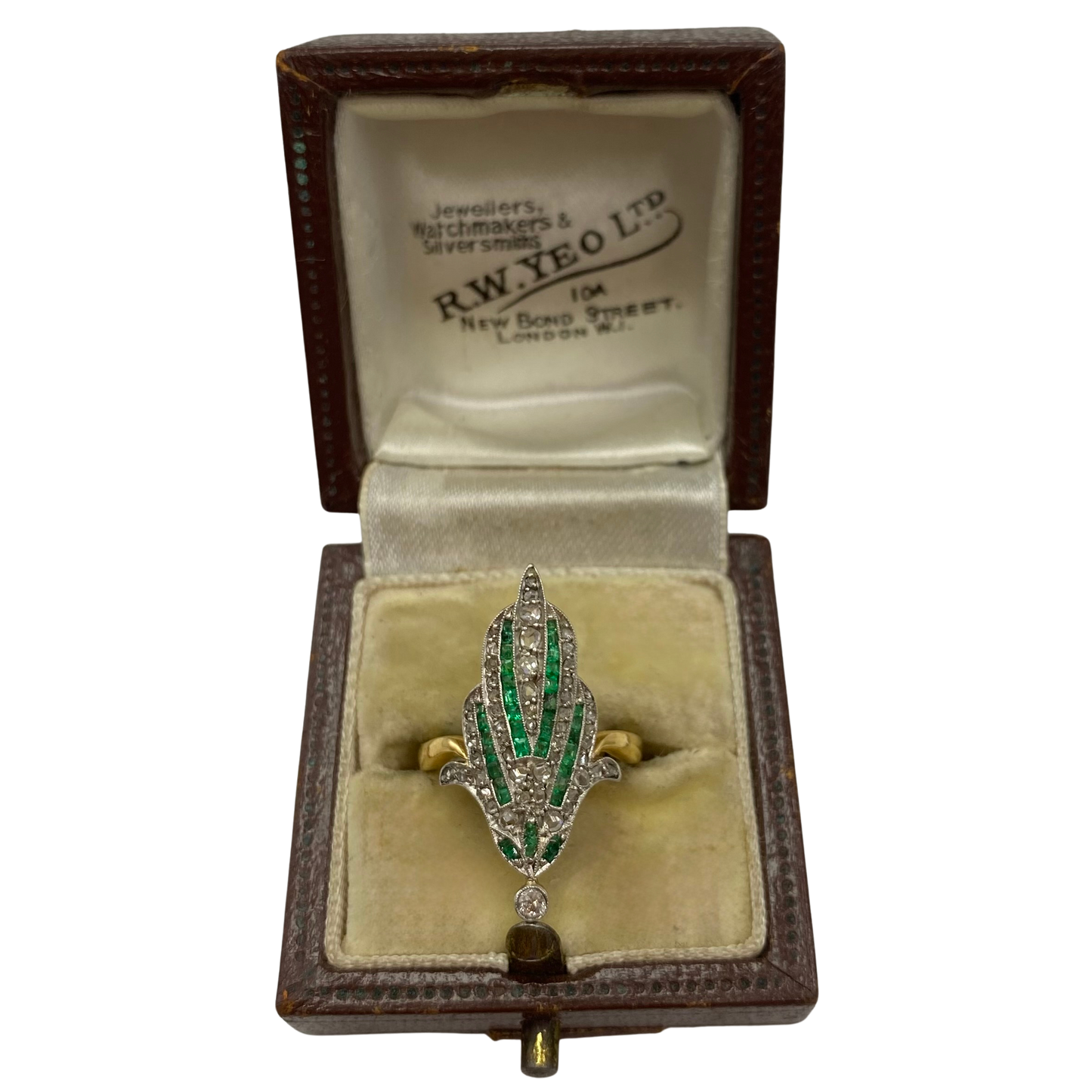 Art Deco Emerald & Diamond Navette Ring in 18ct Yellow Gold & Platinum