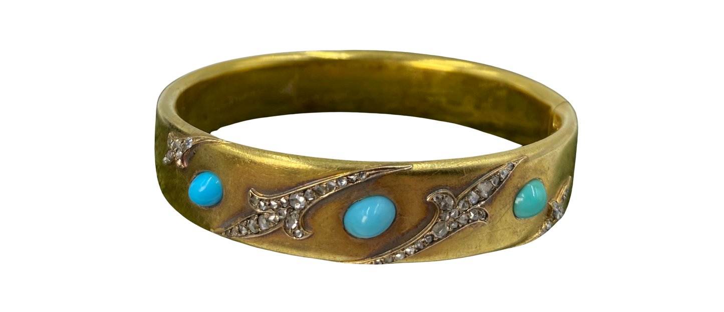 Victorian Turquoise and Diamond Bangle in 18ct Yellow Gold
