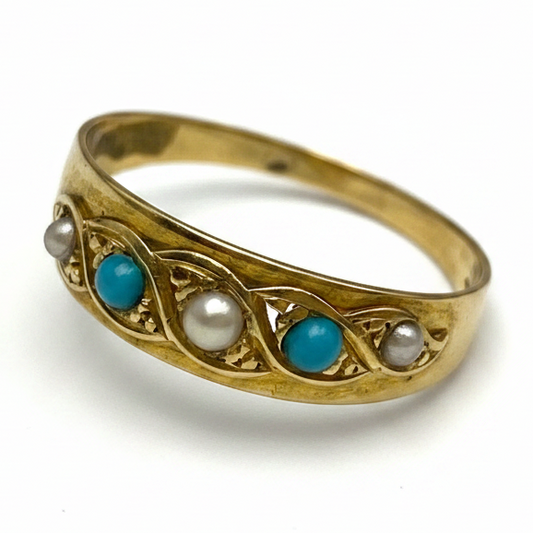 Victorian Five-stone Turquoise and Pearl Ring in 15ct Yellow Gold