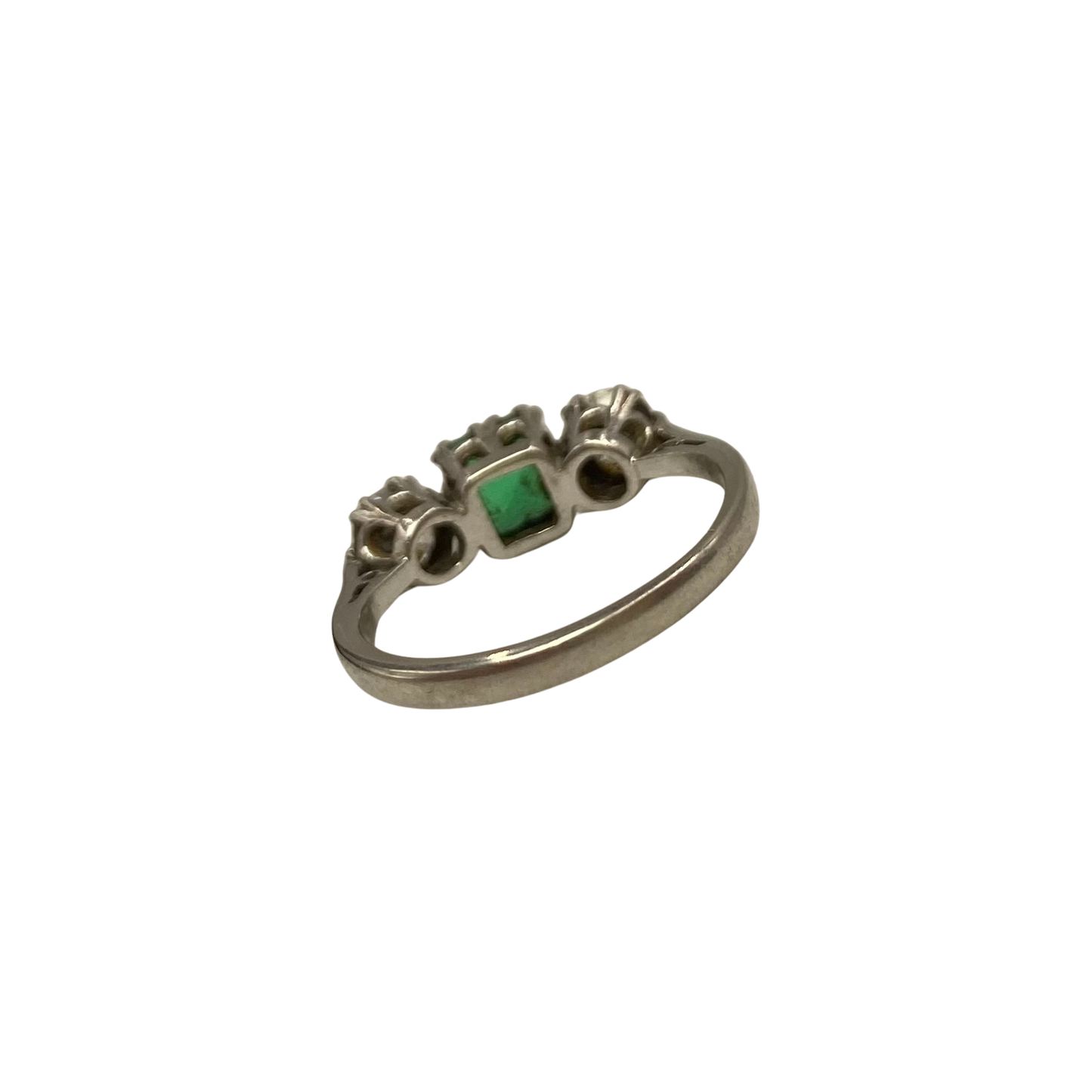 Art Deco Emerald & Diamond Three-Stone Ring in Platinum