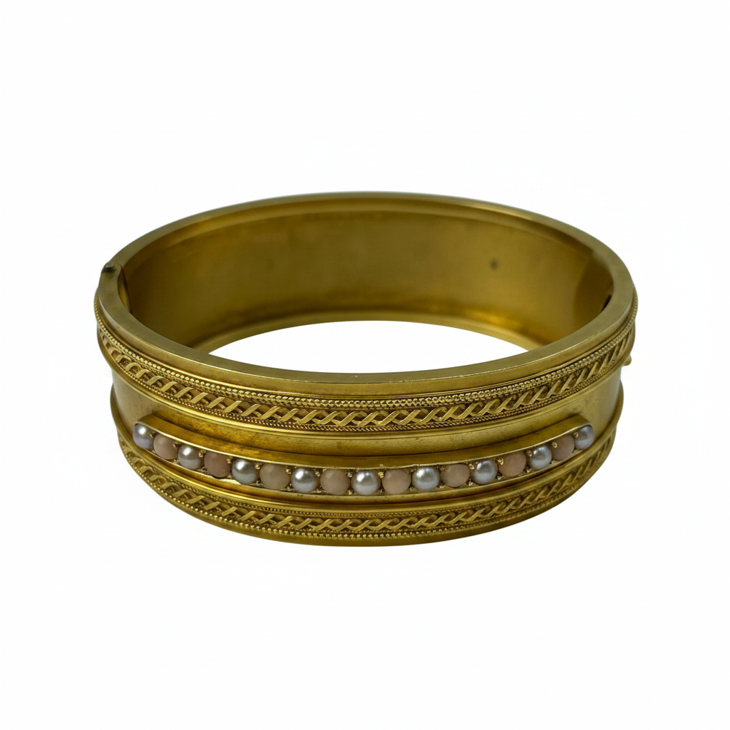 Victorian Coral & Pearl Bangle in 15ct Yellow Gold