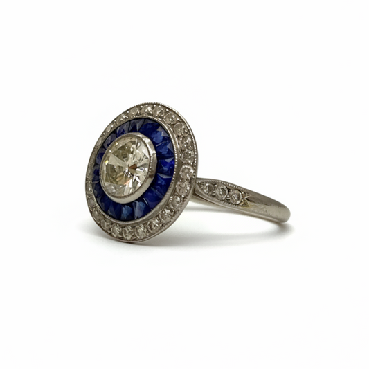 Art Deco Sapphire and Diamond Target Ring in Platinum