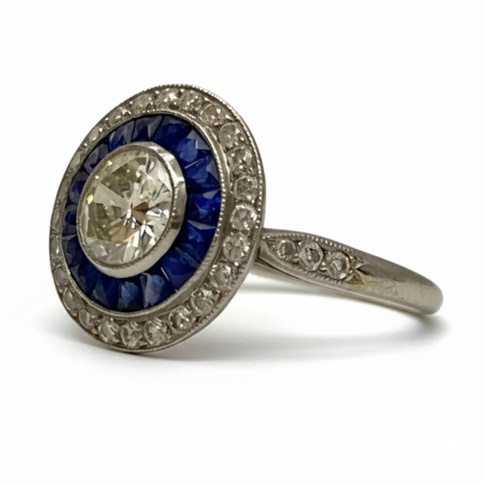 Art Deco Sapphire and Diamond Target Ring in Platinum