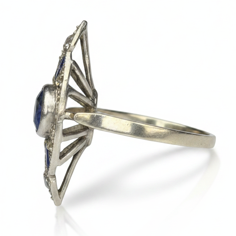 Art Deco Sapphire and Diamond Marquise Ring in 18ct White Gold and Platinum