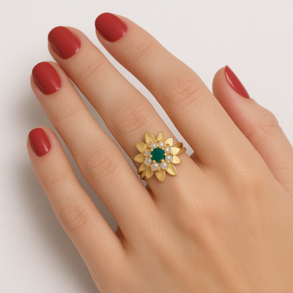 Vintage 1960s Opal and Emerald Flower Ring in 9ct Yellow Gold