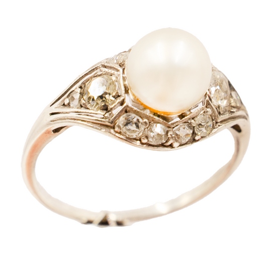Art Deco Diamond and Pearl Ring in 18ct White Gold