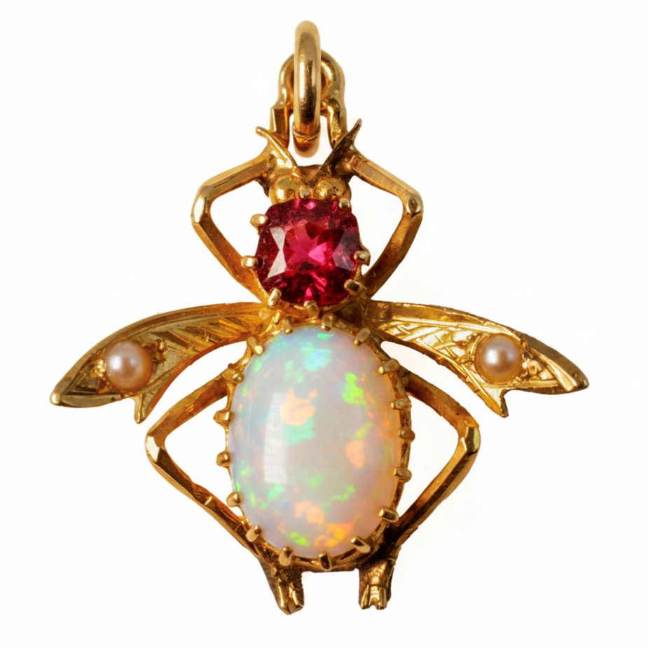 Victorian Bug Pendant with Opal, Spinel & Pearls
