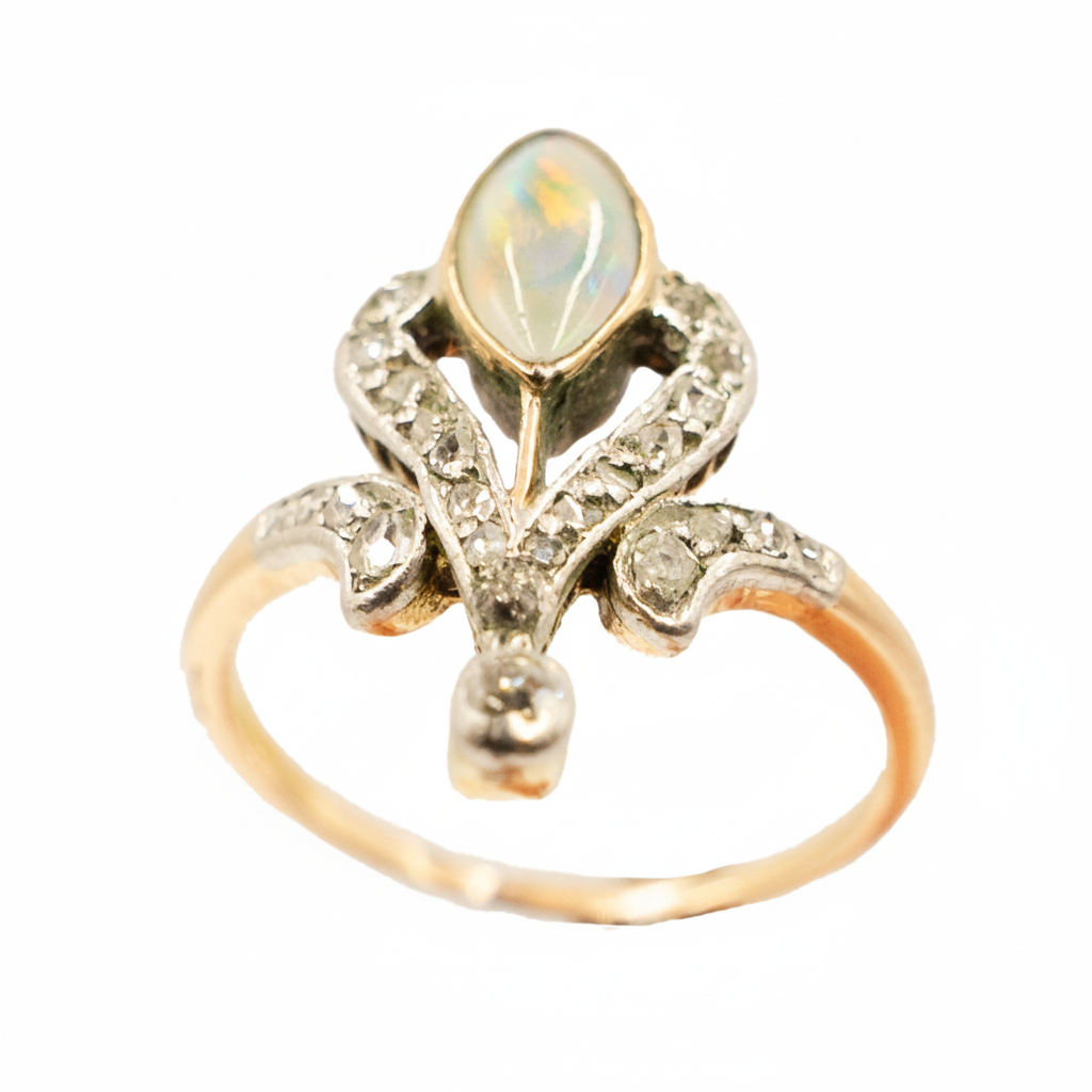Edwardian Opal & Diamond Plaque Ring in 18ct Yellow Gold & Platinum