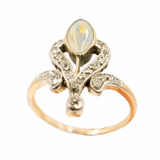 Edwardian Opal & Diamond Plaque Ring in 18ct Yellow Gold & Platinum