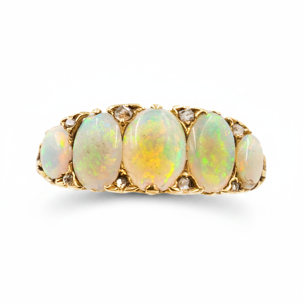 Victorian Opal & Diamond 5-Stone Ring in 18ct Yellow Gold