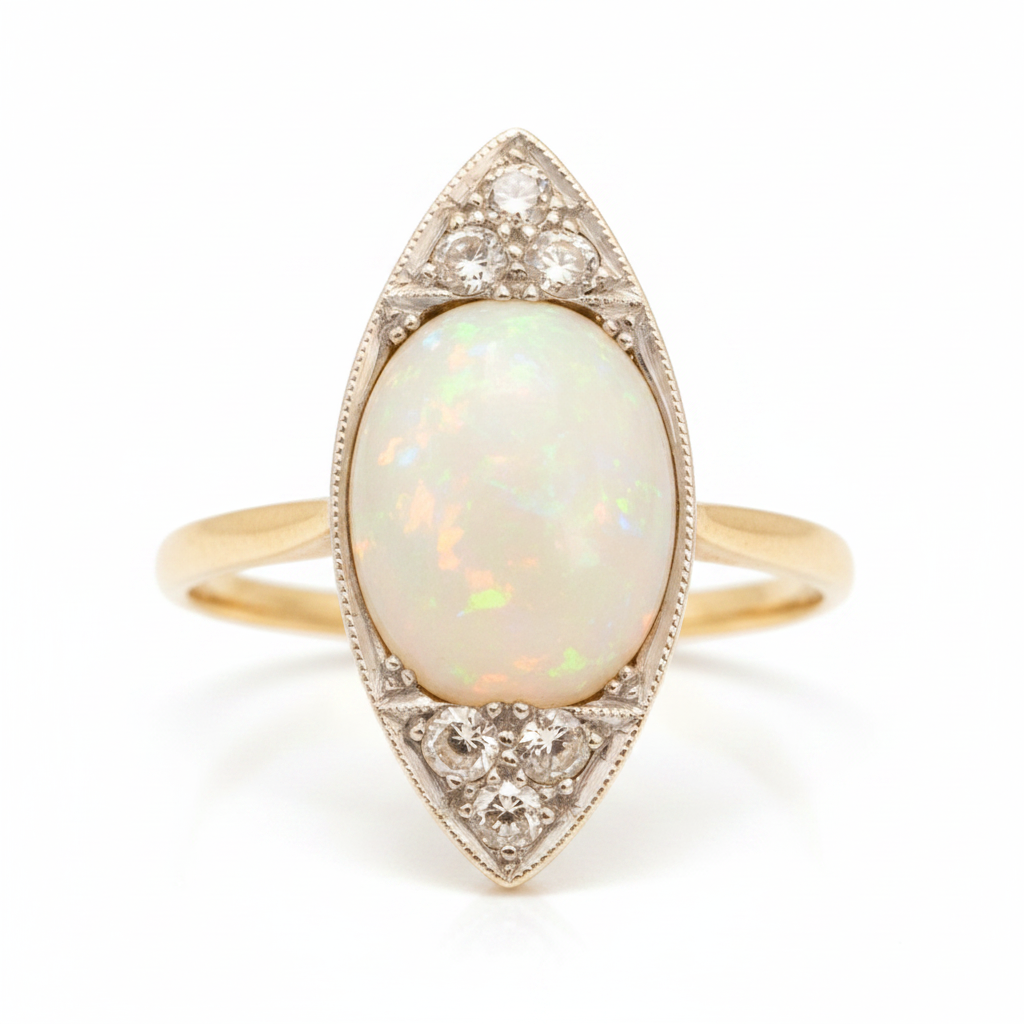 Edwardian Opal & Diamond Marquise Ring set in 18ct Yellow Gold