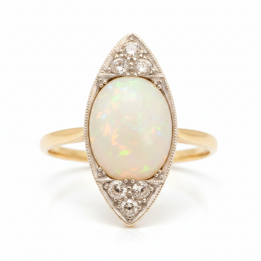 Edwardian Opal & Diamond Marquise Ring set in 18ct Yellow Gold