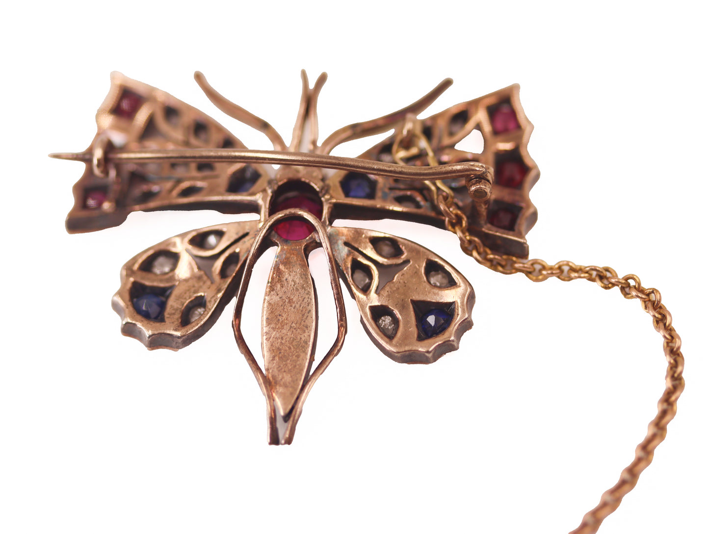 Victorian Ruby, Sapphire, Diamond & Pearl Brooch with Safety Chain in 18ct Yellow Gold