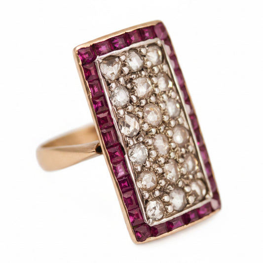 Art Deco Ruby & Diamond Plaque Rectangle Ring in 18ct Yellow Gold