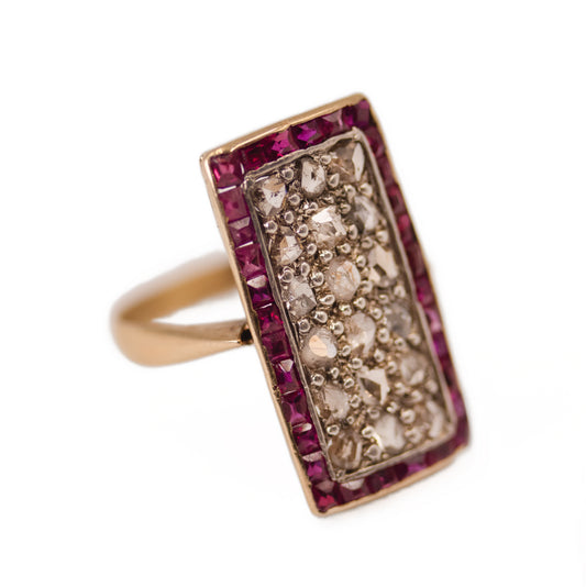 Art Deco Ruby & Diamond Plaque Rectangle Ring in 18ct Yellow Gold