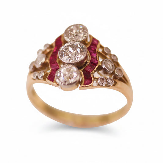 Belle Époque Ruby & Diamond Three-Stone Ring in 18ct Yellow Gold