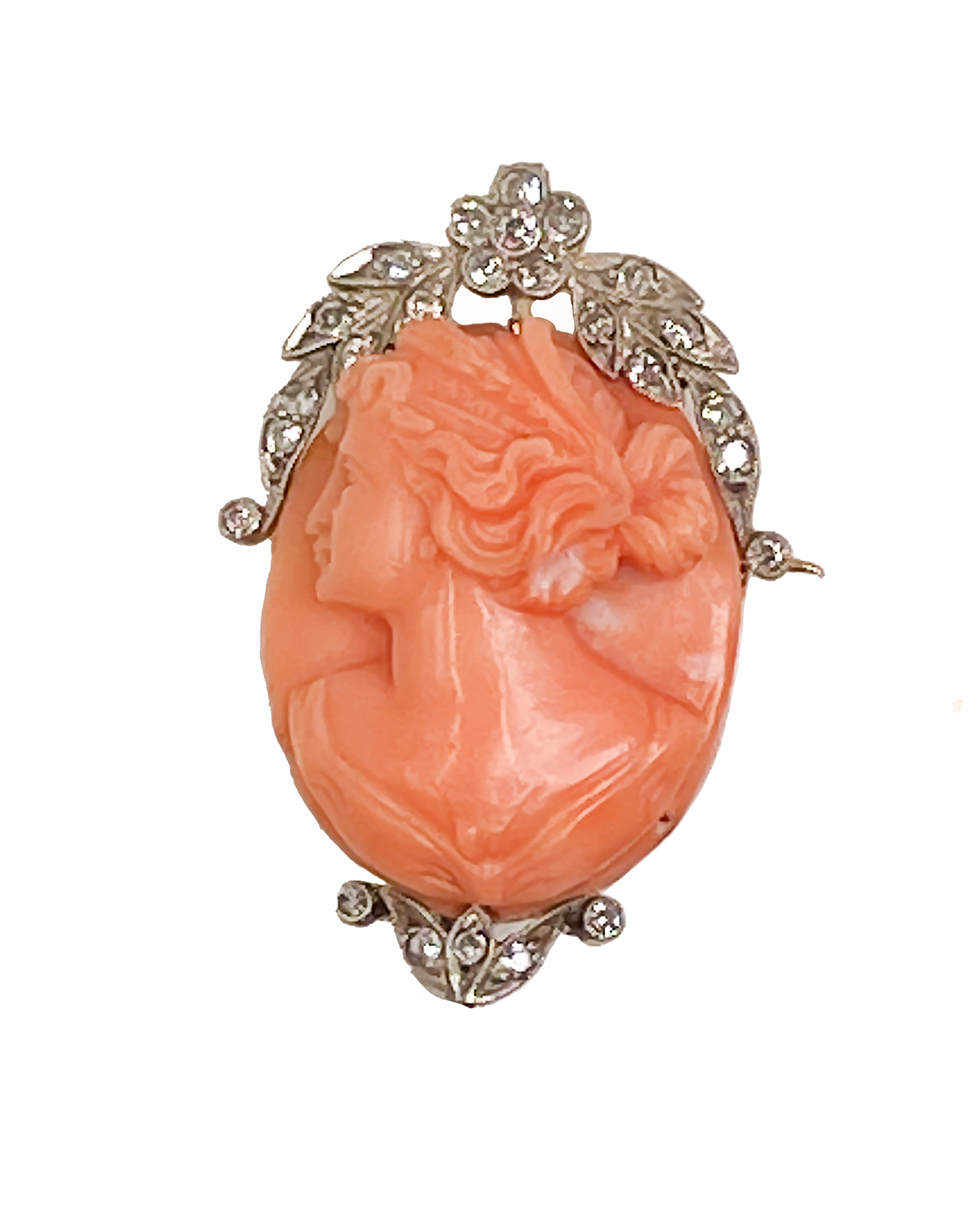 Victorian Coral Italian Cameo Brooch with Diamonds in 18ct Yellow Gold
