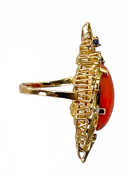 Vintage Coral, Diamonds and Sapphires Ring in 18ct Yellow Gold