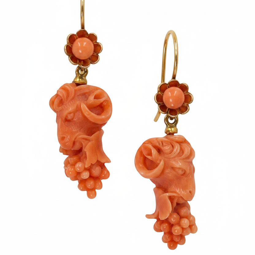 Victorian Bulls & Grapes Carved Coral Italian Drop Earrings in 18ct Yellow Gold
