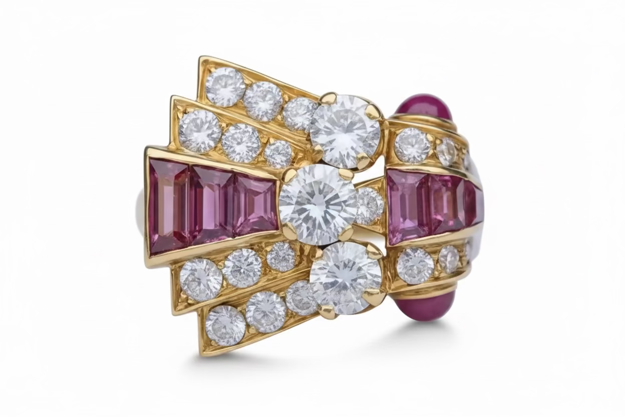 1940's Ruby & Diamond Tank Ring in 18ct Gold