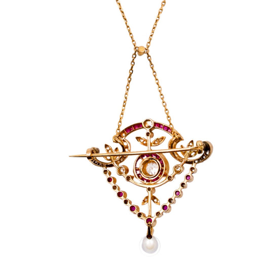 Ruby and Diamond Necklace and Brooch Set in 18ct Yellow Gold