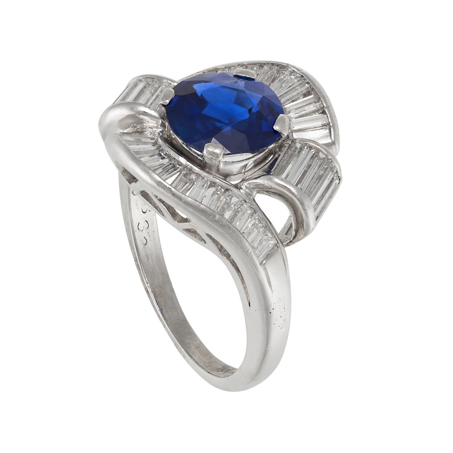 Art Deco Swirl Sapphire & Diamond Platinum Cocktail Ring