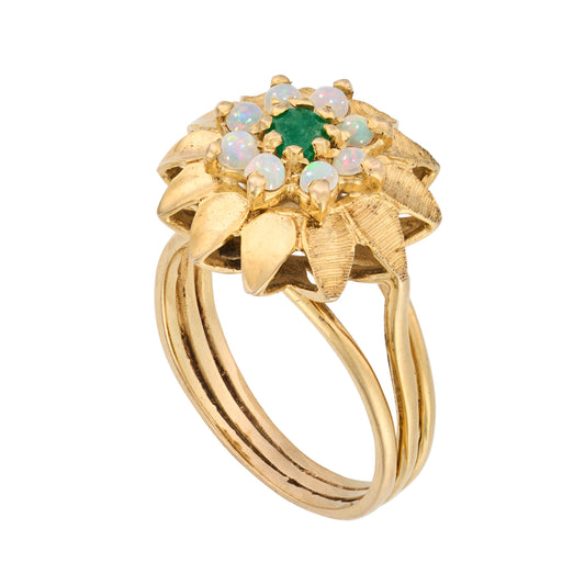 Vintage 1960s Opal and Emerald Flower Ring in 9ct Yellow Gold
