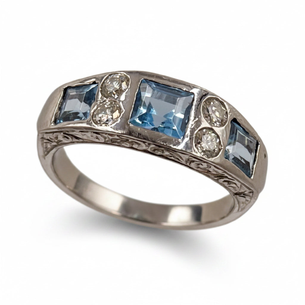 Vintage Aquamarine & Diamond 7-Stone Ring in 18ct White Gold