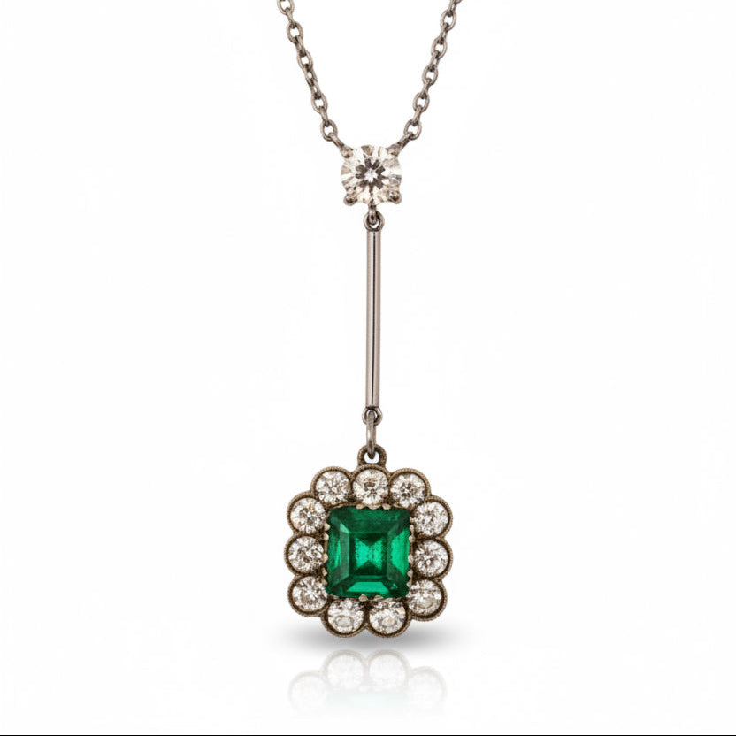 Vintage 1970s Emerald & Diamond Cluster Necklace in Platinum