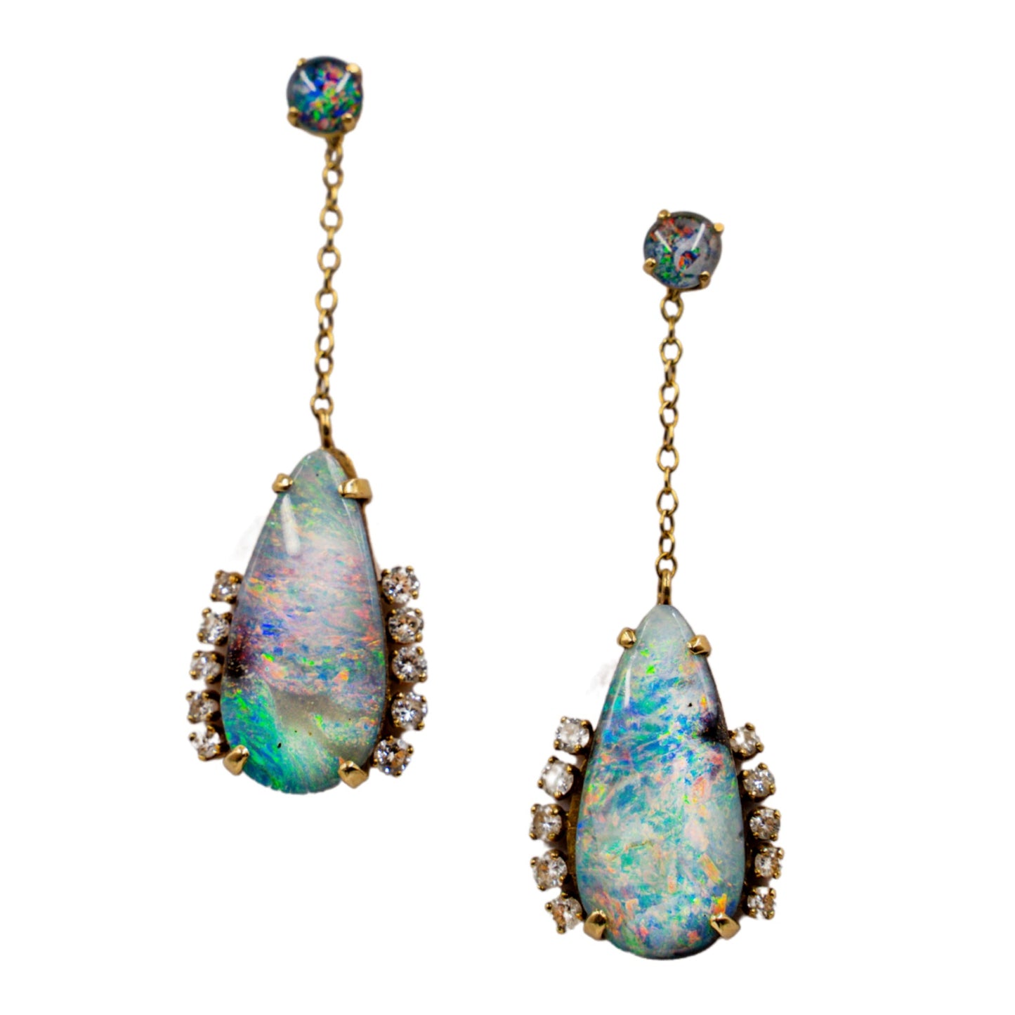 Vintage 1970s Opal & Diamond Drop Earrings in 18ct Gold