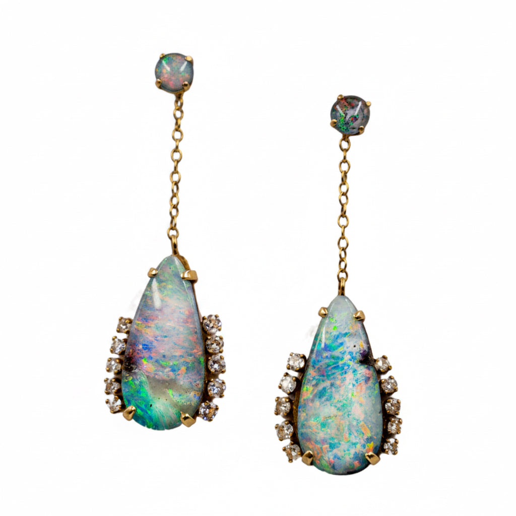 Vintage 1970s Opal & Diamond Drop Earrings in 18ct Gold