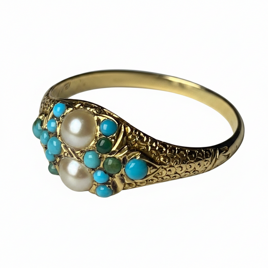Victorian Turquoise and Pearl Ring in 18ct Yellow Gold