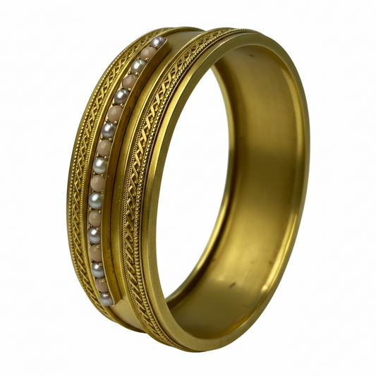 Victorian Coral & Pearl Bangle in 15ct Yellow Gold