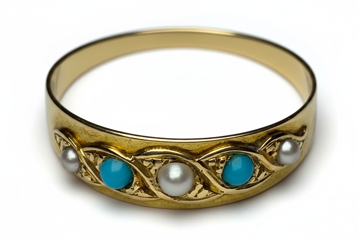 Victorian Five-stone Turquoise and Pearl Ring in 15ct Yellow Gold