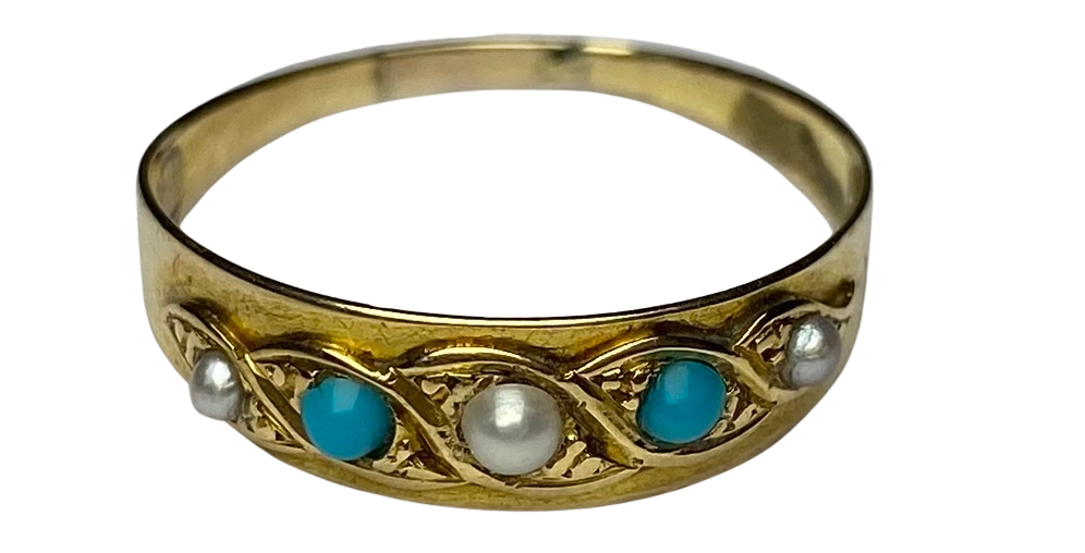 Victorian Five-stone Turquoise and Pearl Ring in 15ct Yellow Gold