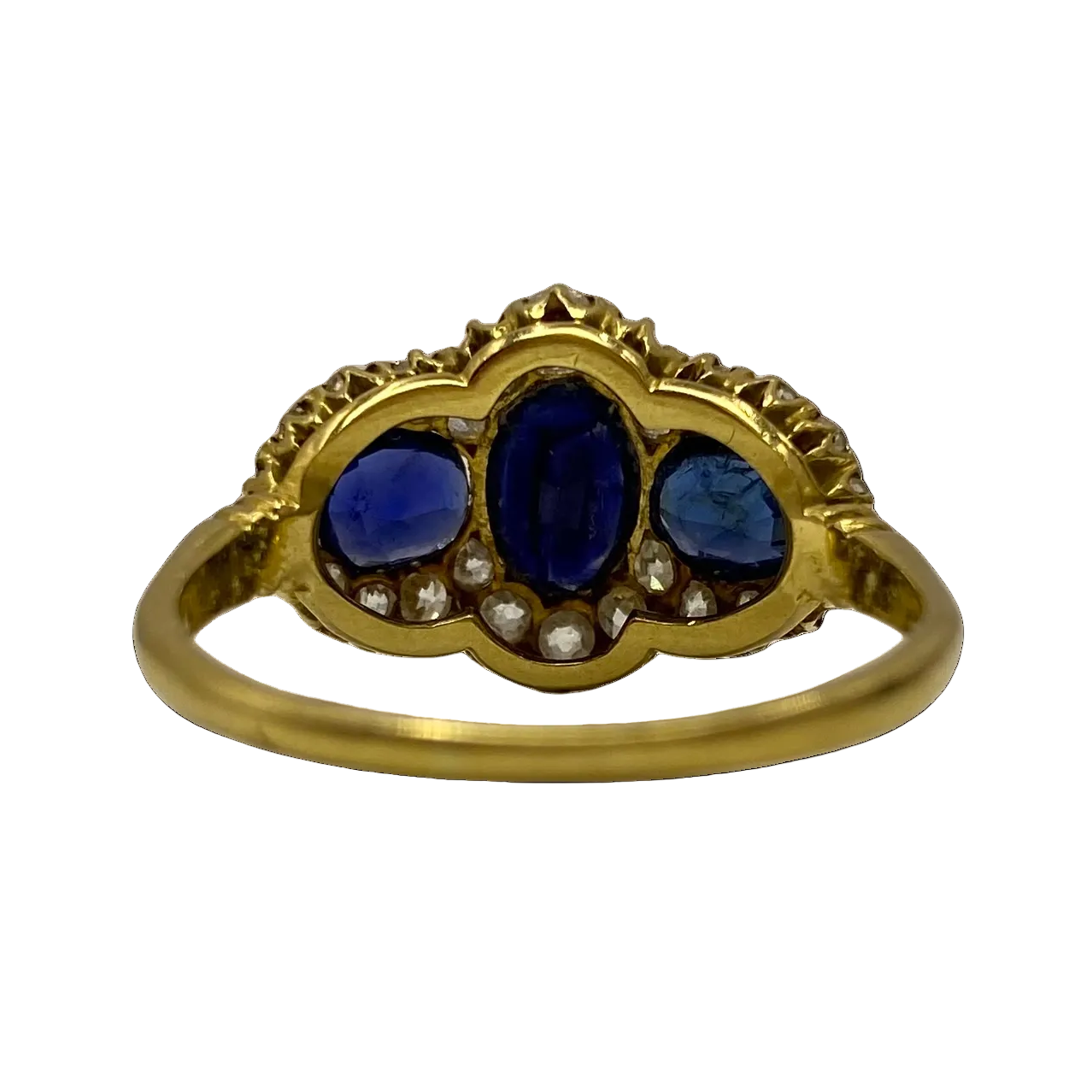Victorian 3 Stone Sapphire and Diamond Ring in 18ct Yellow Gold