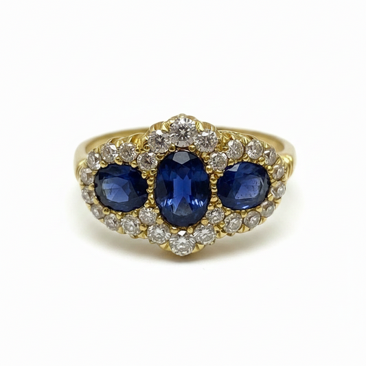 Victorian 3 Stone Sapphire and Diamond Ring in 18ct Yellow Gold