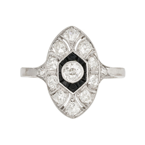 *NEW* Art Deco Diamond and Onyx Marquise 18ct. White Gold Ring