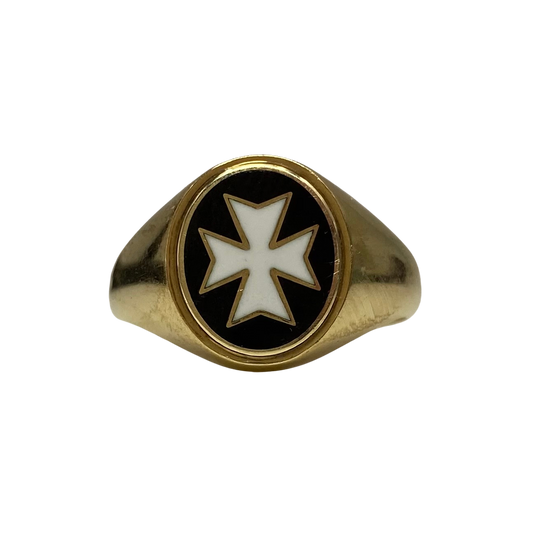 Vintage Malta Maltese Cross Enamel Signet Ring in 9ct Yellow Gold