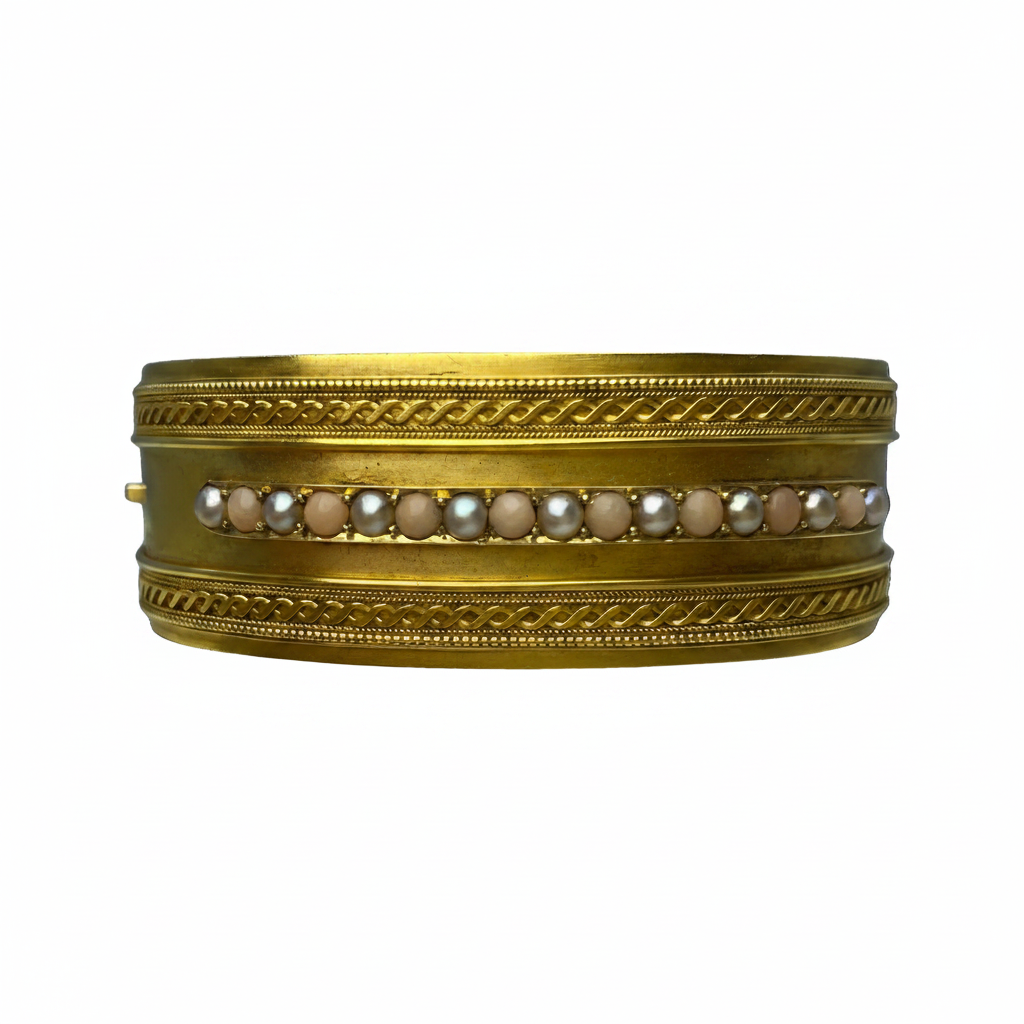 Victorian Coral & Pearl Bangle in 15ct Yellow Gold