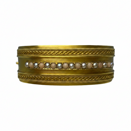 Victorian Coral & Pearl Bangle in 15ct Yellow Gold
