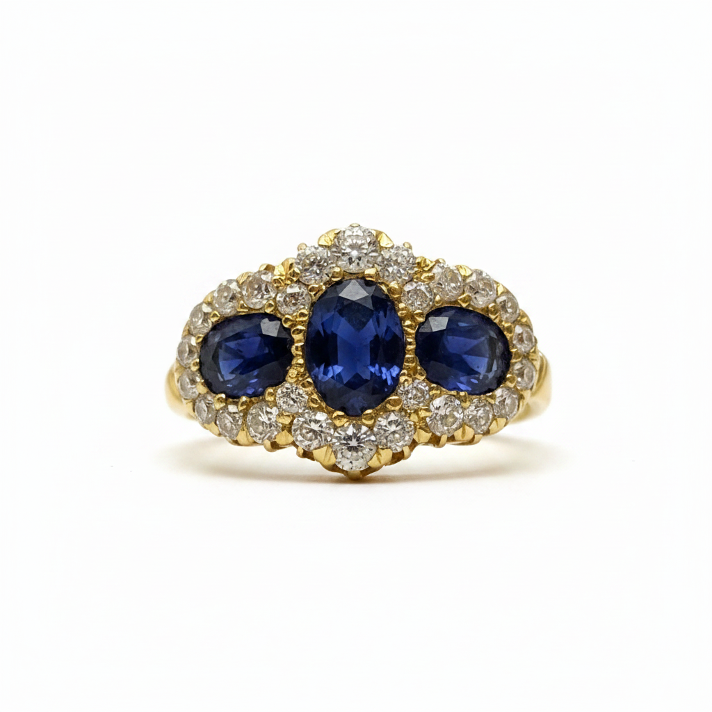 Victorian 3 Stone Sapphire and Diamond Ring in 18ct Yellow Gold
