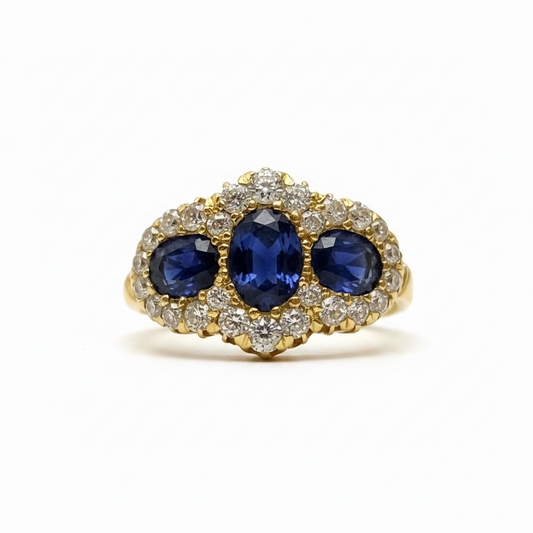 Victorian 3 Stone Sapphire and Diamond Ring in 18ct Yellow Gold