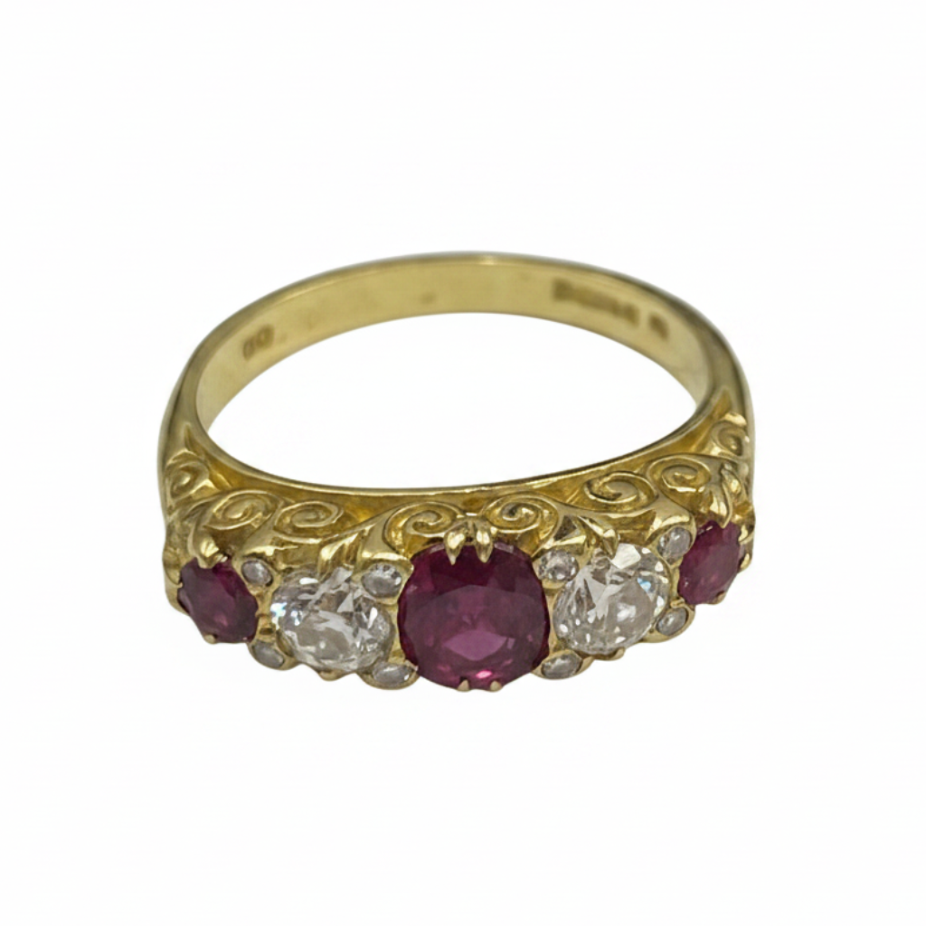 Victorian Ruby and Diamond Five-stone Ring in 18ct Yellow Gold