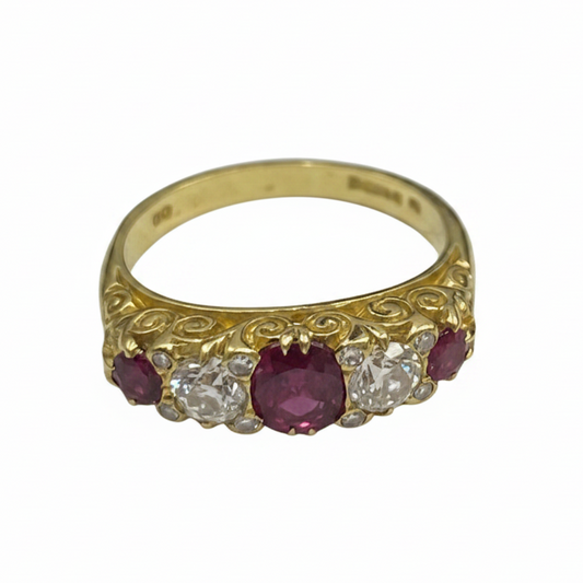 Victorian Ruby and Diamond Five-stone Ring in 18ct Yellow Gold
