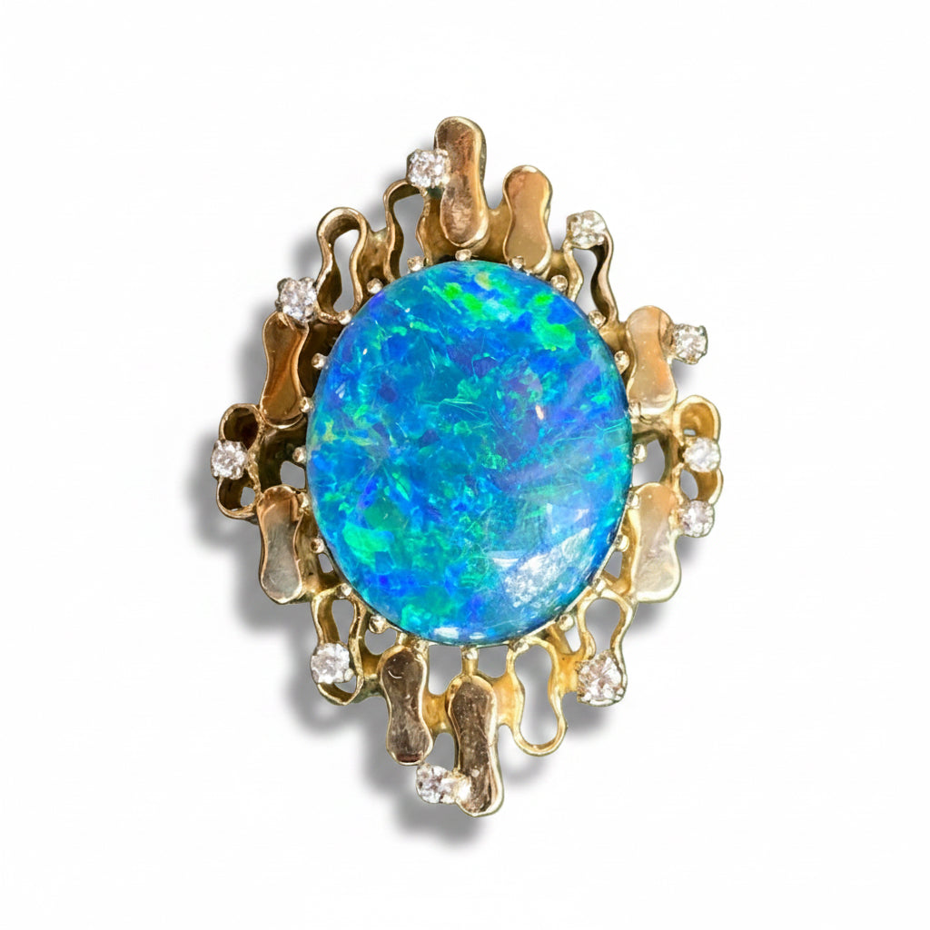 1970's Opal dublet & Diamond Ring in 14ct Gold