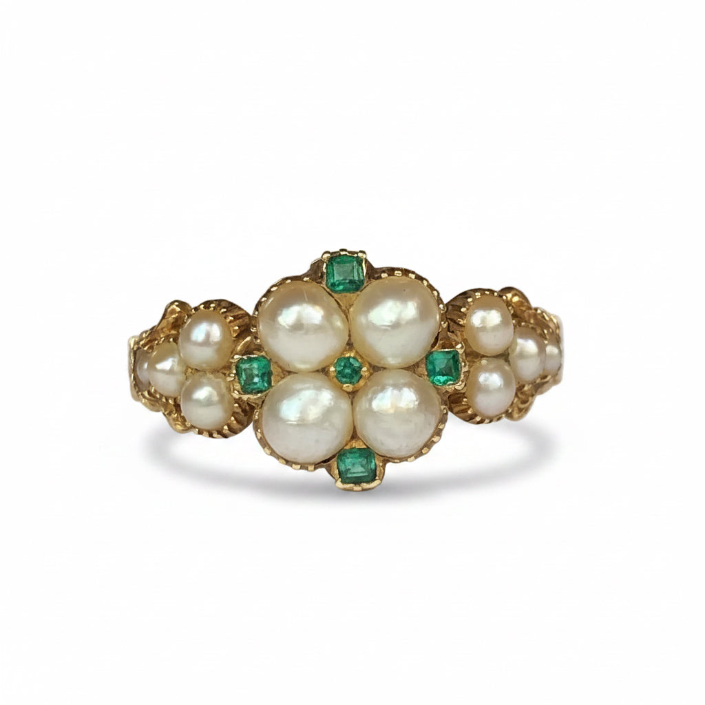 Victorian Pearl & Emerald Ring in 18ct Gold