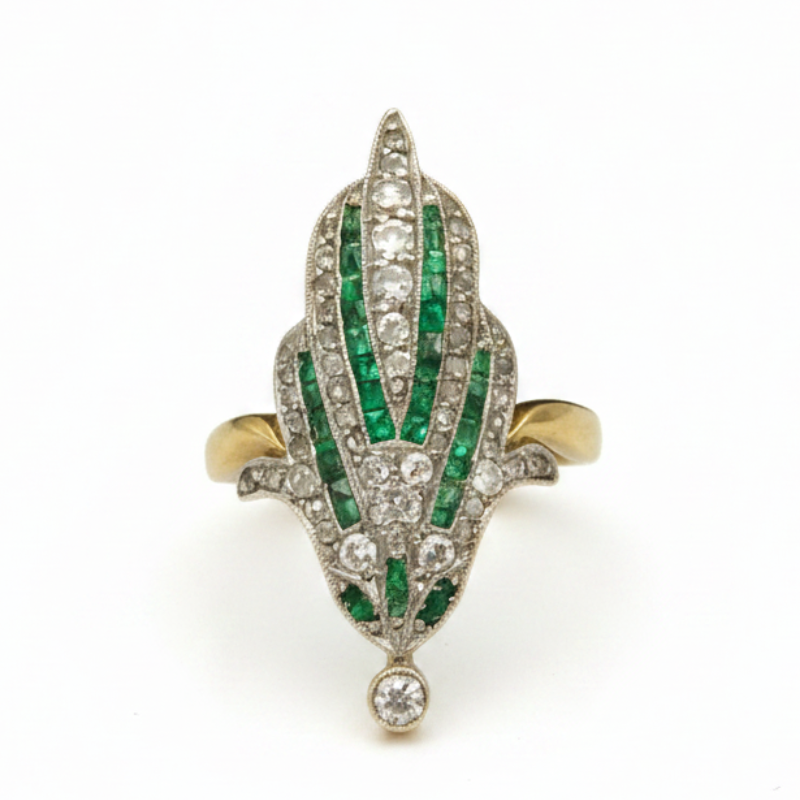 Art Deco Emerald & Diamond Navette Ring in 18ct Yellow Gold & Platinum