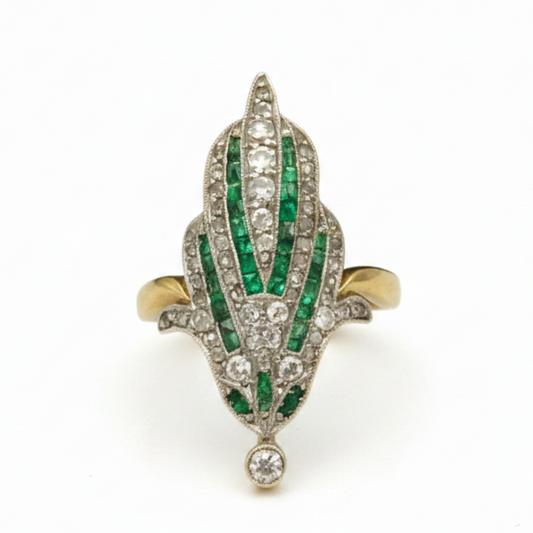 Art Deco Emerald & Diamond Navette Ring in 18ct Yellow Gold & Platinum