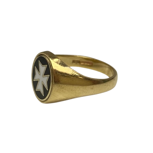 Vintage Malta Maltese Cross Enamel Signet Ring in 9ct Yellow Gold